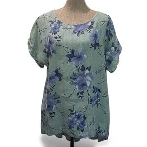 Terzo Millennio Floral Linen Blouse Green Blue Size Large Short Sleeve